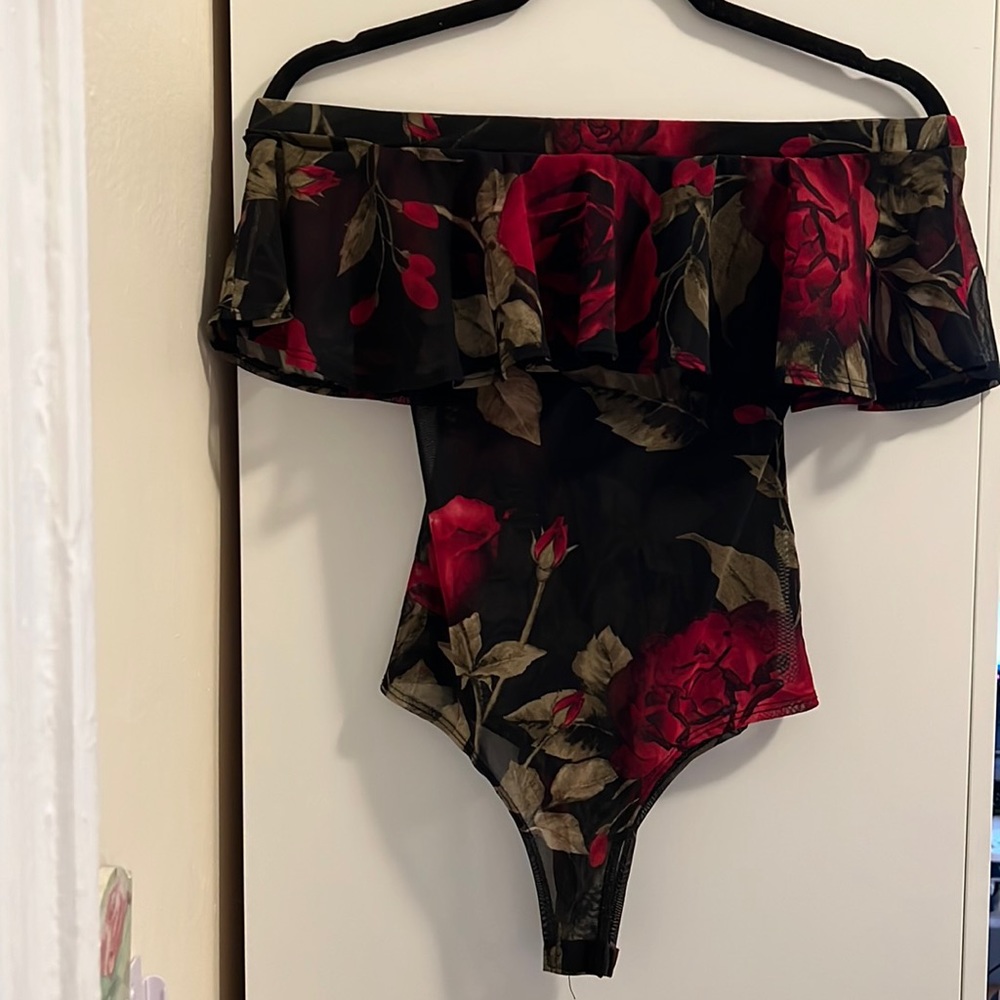 Sheer Off-the-Shoulder Black Bodysuit with Red Roses and Greenery